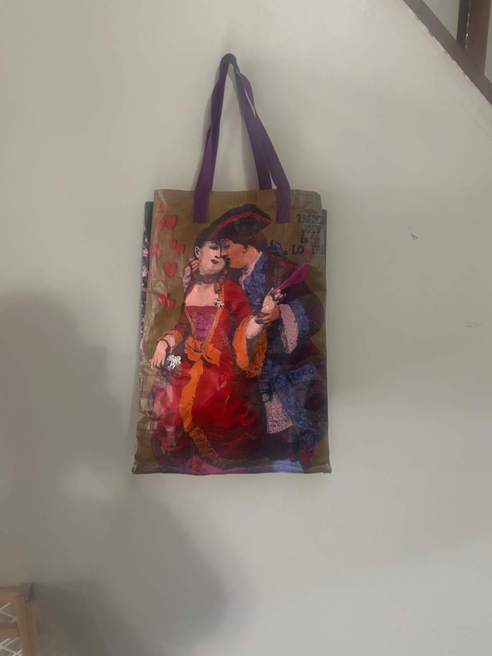 Vintage Romantic Printed Tote Bag with Purple Handles